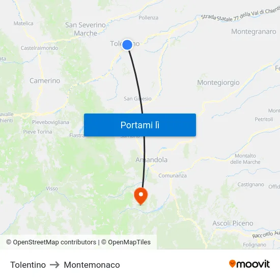 Tolentino to Montemonaco map