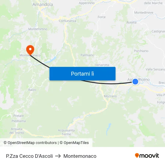 P.Zza Cecco D'Ascoli to Montemonaco map