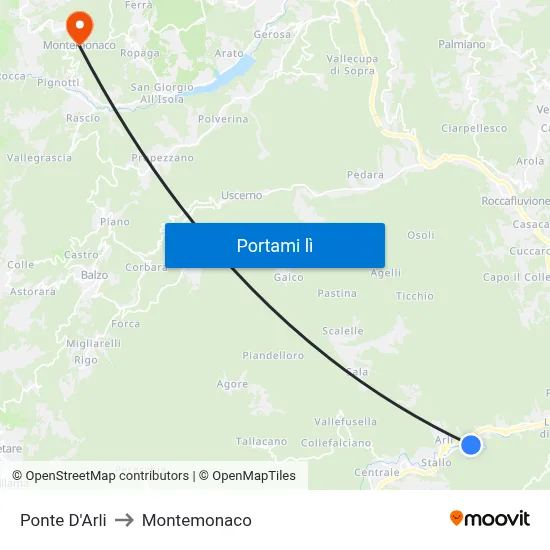 Ponte D'Arli to Montemonaco map
