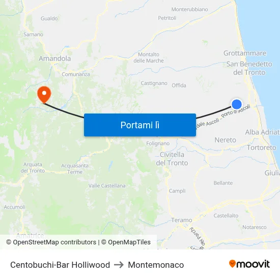 Centobuchi-Bar Holliwood to Montemonaco map