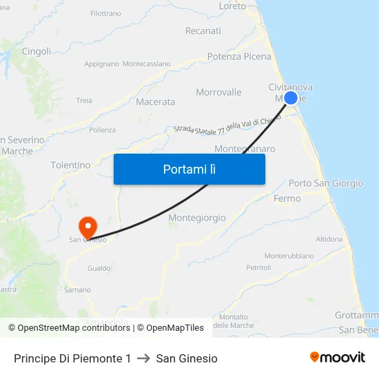 Principe Di Piemonte 1 to San Ginesio map