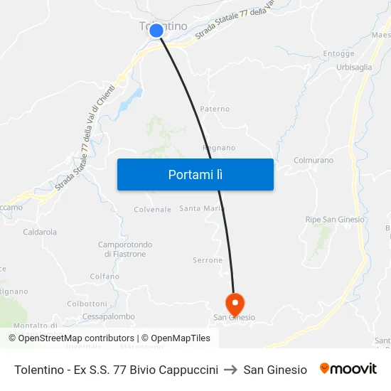 Tolentino - Ex S.S. 77 Bivio Cappuccini to San Ginesio map