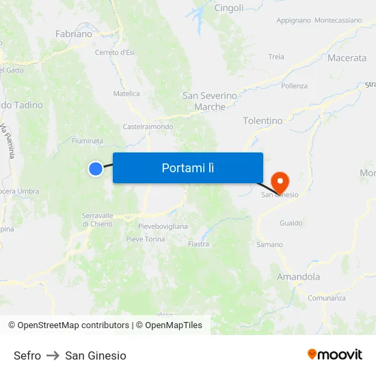 Sefro to San Ginesio map