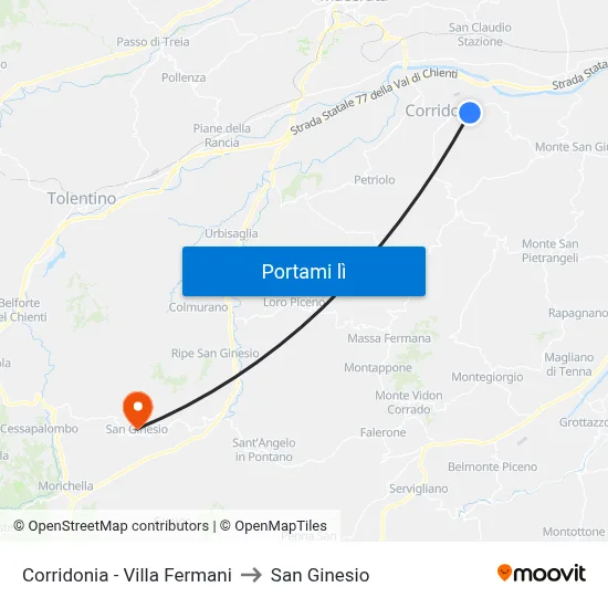 Corridonia - Villa Fermani to San Ginesio map