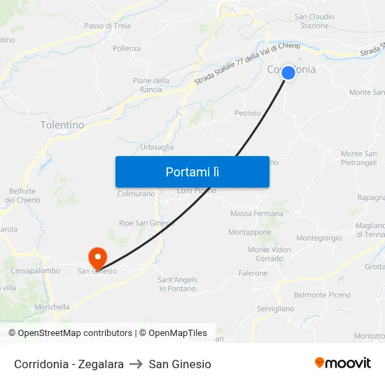 Corridonia - Zegalara to San Ginesio map