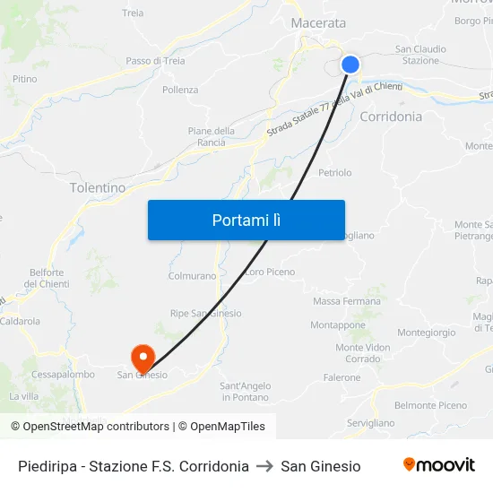 Piediripa - Stazione F.S. Corridonia to San Ginesio map