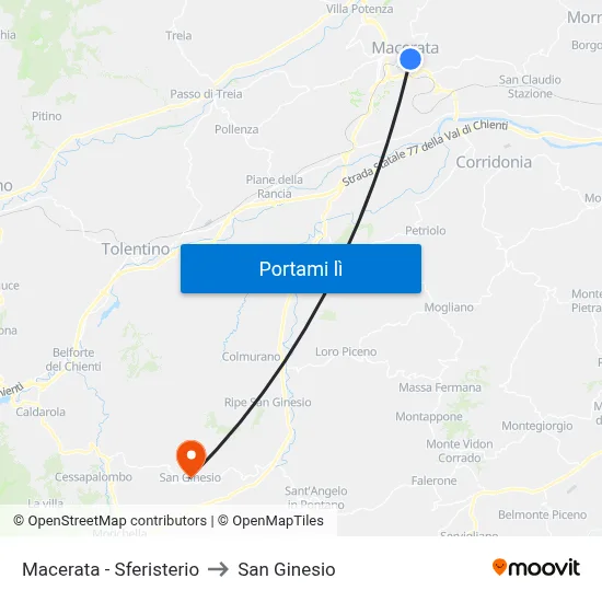 Macerata - Sferisterio to San Ginesio map