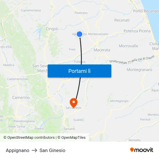 Appignano to San Ginesio map