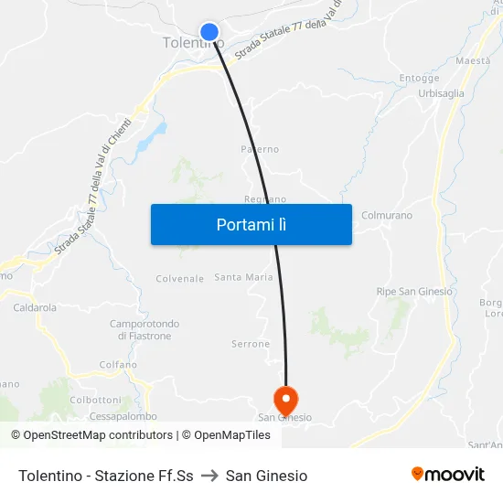 Tolentino - Stazione Ff.Ss to San Ginesio map