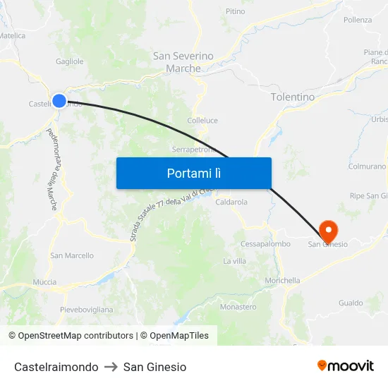 Castelraimondo to San Ginesio map