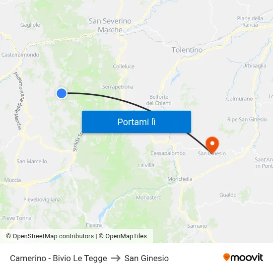 Camerino - Bivio Le Tegge to San Ginesio map