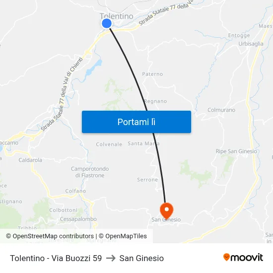 Tolentino - Via Buozzi 59 to San Ginesio map