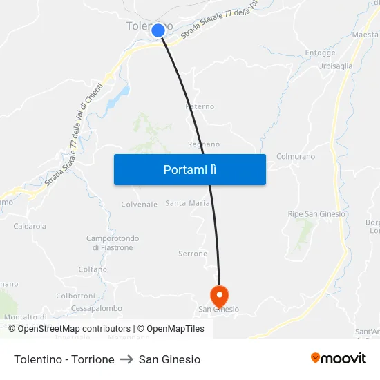 Tolentino - Torrione to San Ginesio map
