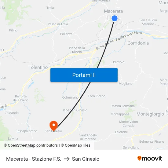 Macerata - Stazione F.S. to San Ginesio map