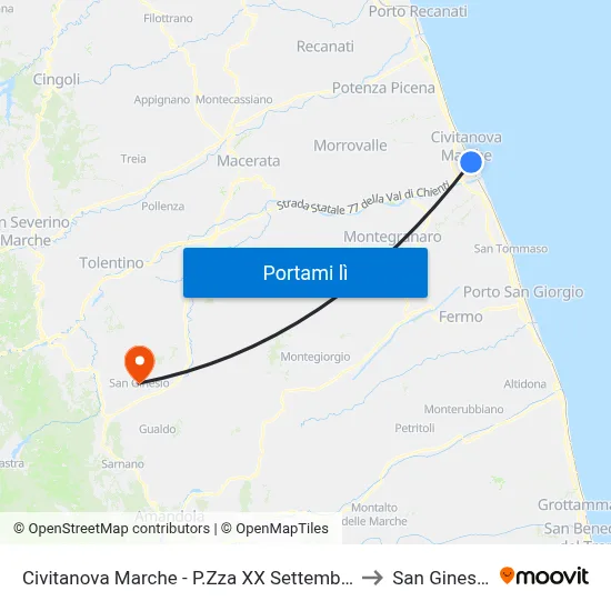 Civitanova Marche - P.Zza XX Settembre to San Ginesio map