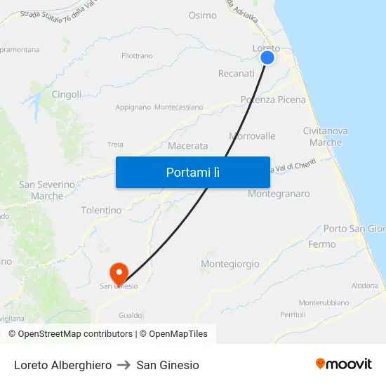 Loreto Alberghiero to San Ginesio map
