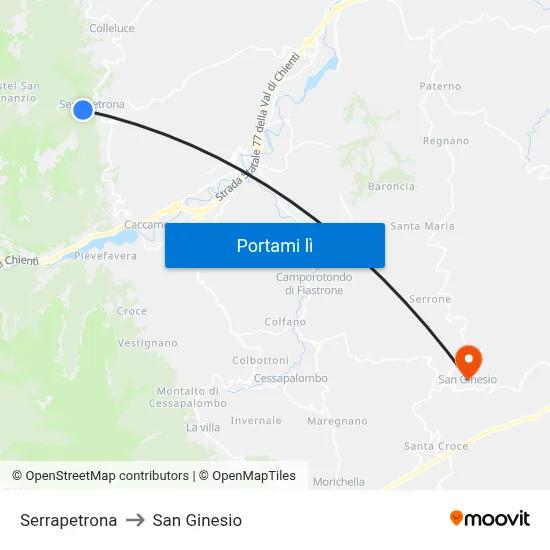 Serrapetrona to San Ginesio map