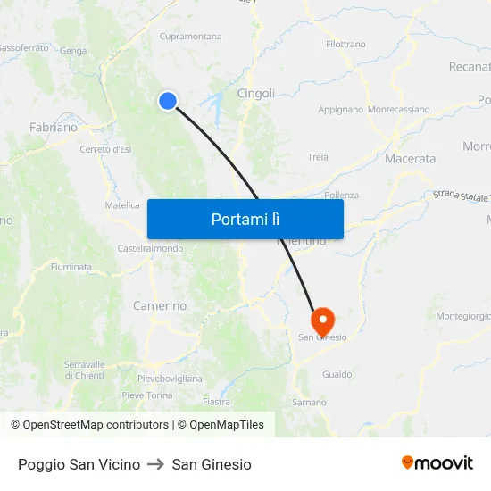 Poggio San Vicino to San Ginesio map