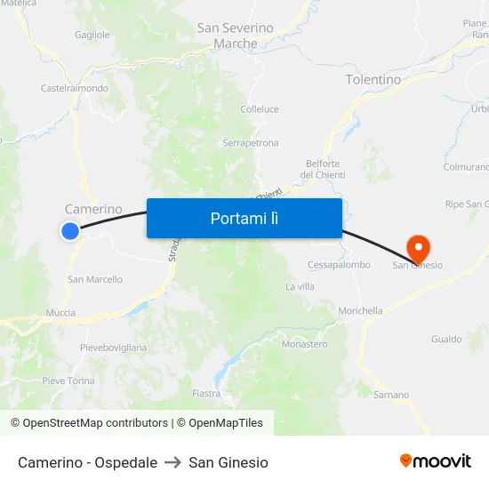 Camerino - Ospedale to San Ginesio map
