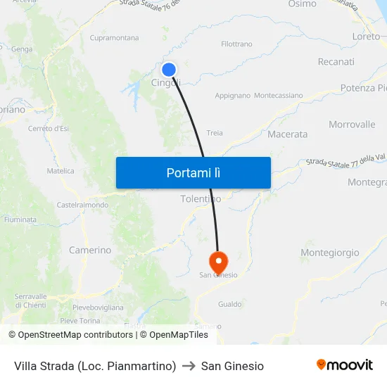 Villa Strada (Loc. Pianmartino) to San Ginesio map