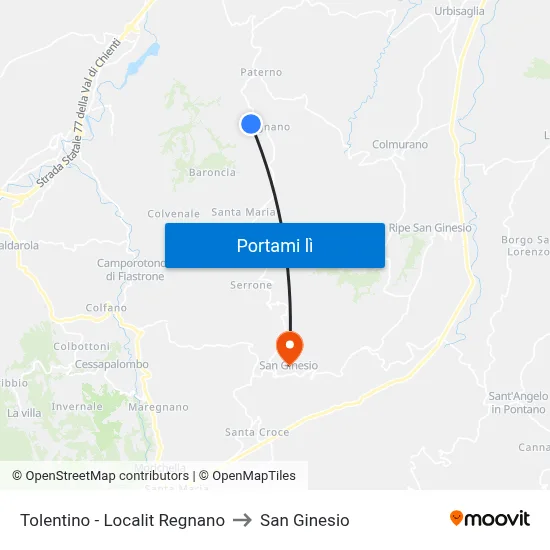 Tolentino - Localit Regnano to San Ginesio map