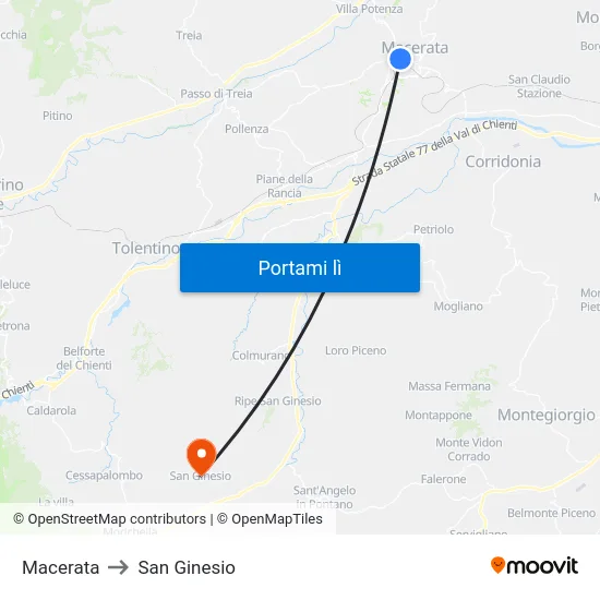 Macerata to San Ginesio map