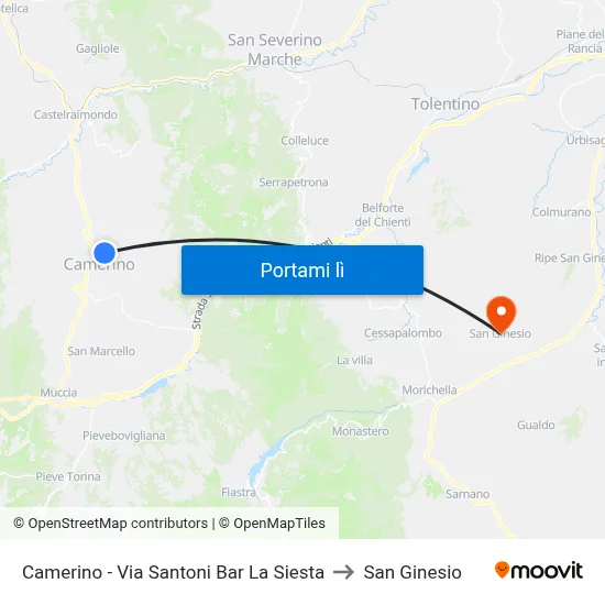 Camerino - Via Santoni Bar La Siesta to San Ginesio map