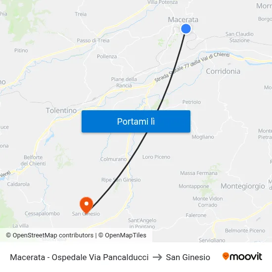 Macerata - Ospedale Via Pancalducci to San Ginesio map
