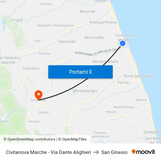 Civitanova Marche - Via Dante Alighieri to San Ginesio map