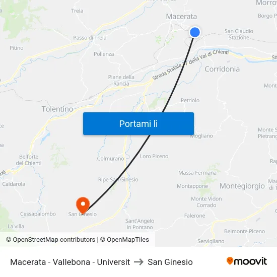 Macerata - Vallebona - Universit to San Ginesio map