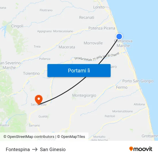 Fontespina to San Ginesio map