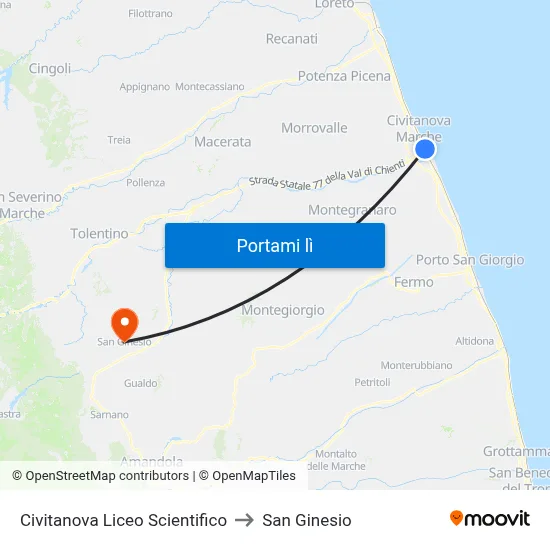 Civitanova Liceo Scientifico to San Ginesio map