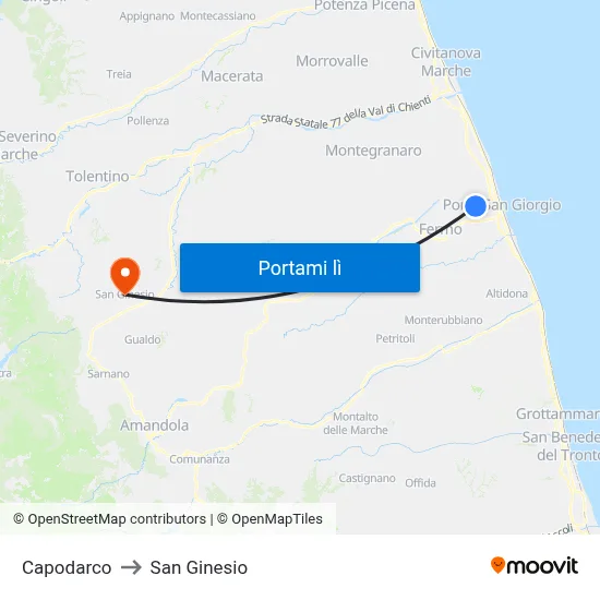 Capodarco to San Ginesio map