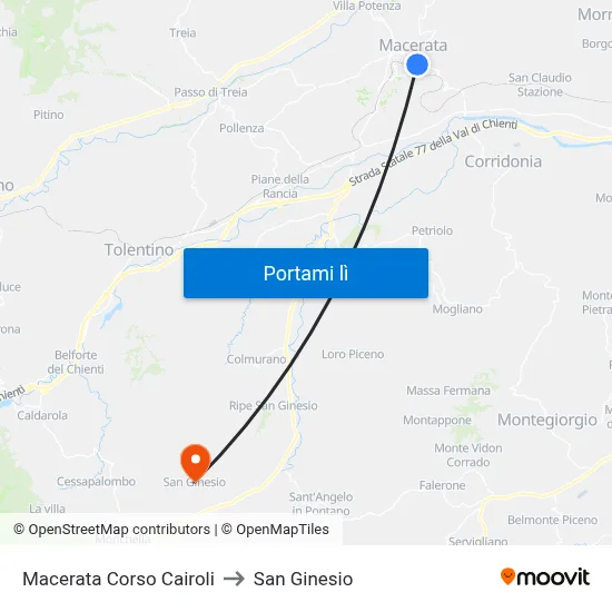 Macerata Corso Cairoli to San Ginesio map