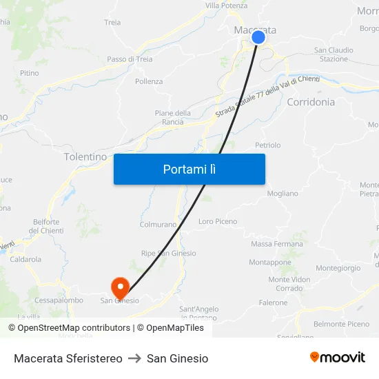 Macerata Sferistereo to San Ginesio map