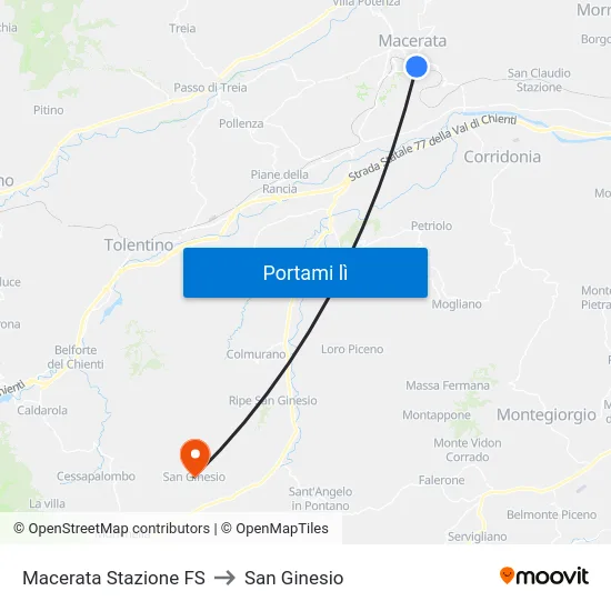 Macerata Stazione FS to San Ginesio map