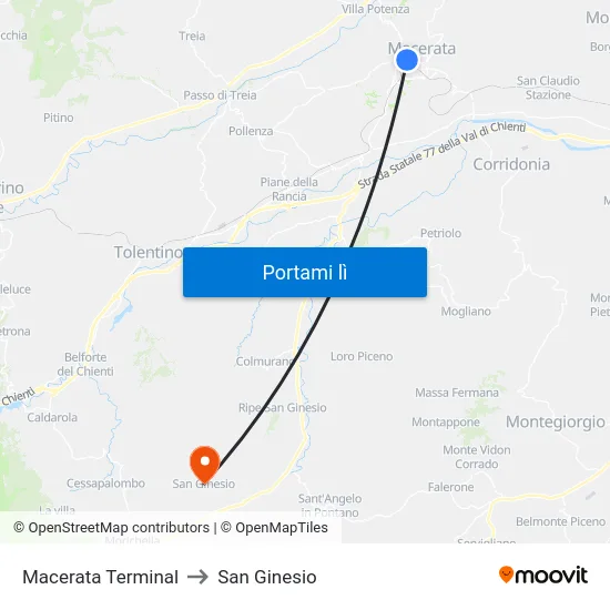 Macerata Terminal to San Ginesio map