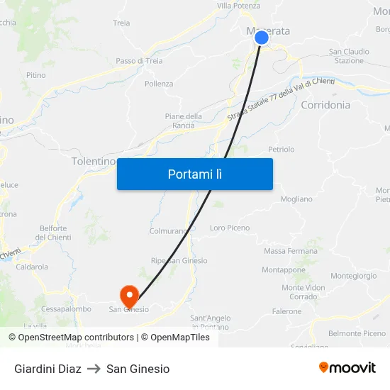 Giardini Diaz to San Ginesio map