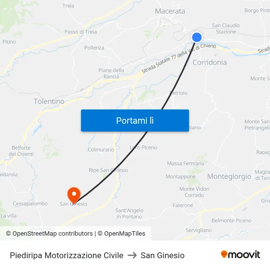 Piediripa Motorizzazione Civile to San Ginesio map
