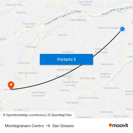 Montegranaro Centro to San Ginesio map