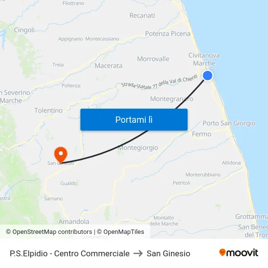 P.S.Elpidio - Centro Commerciale to San Ginesio map