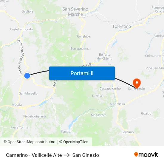 Camerino - Vallicelle Alte to San Ginesio map