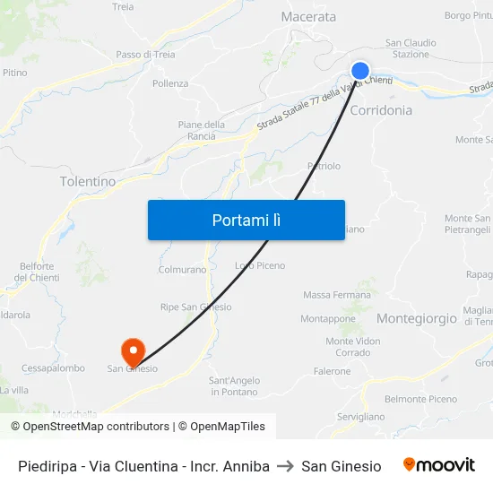 Piediripa - Via Cluentina - Incr. Anniba to San Ginesio map