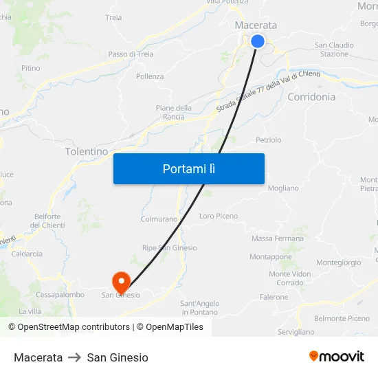 Macerata to San Ginesio map