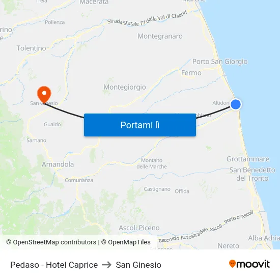 Pedaso - Hotel Caprice to San Ginesio map