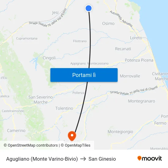 Agugliano (Monte Varino-Bivio) to San Ginesio map