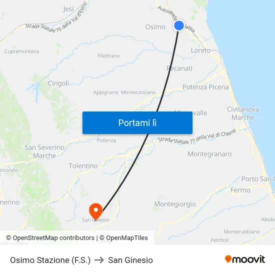 Osimo Stazione (F.S.) to San Ginesio map