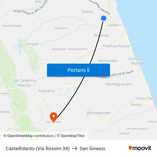 Castelfidardo (Via Rossini 34) to San Ginesio map