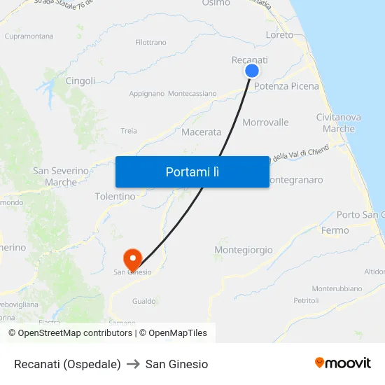 Recanati (Ospedale) to San Ginesio map