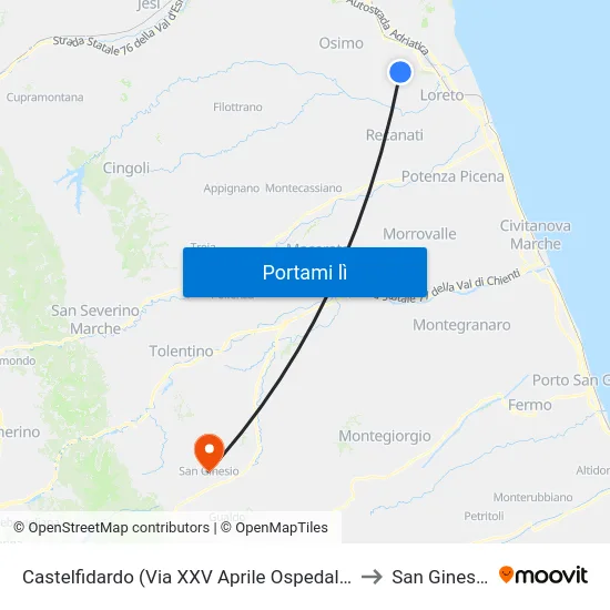 Castelfidardo (Via XXV Aprile Ospedale) to San Ginesio map